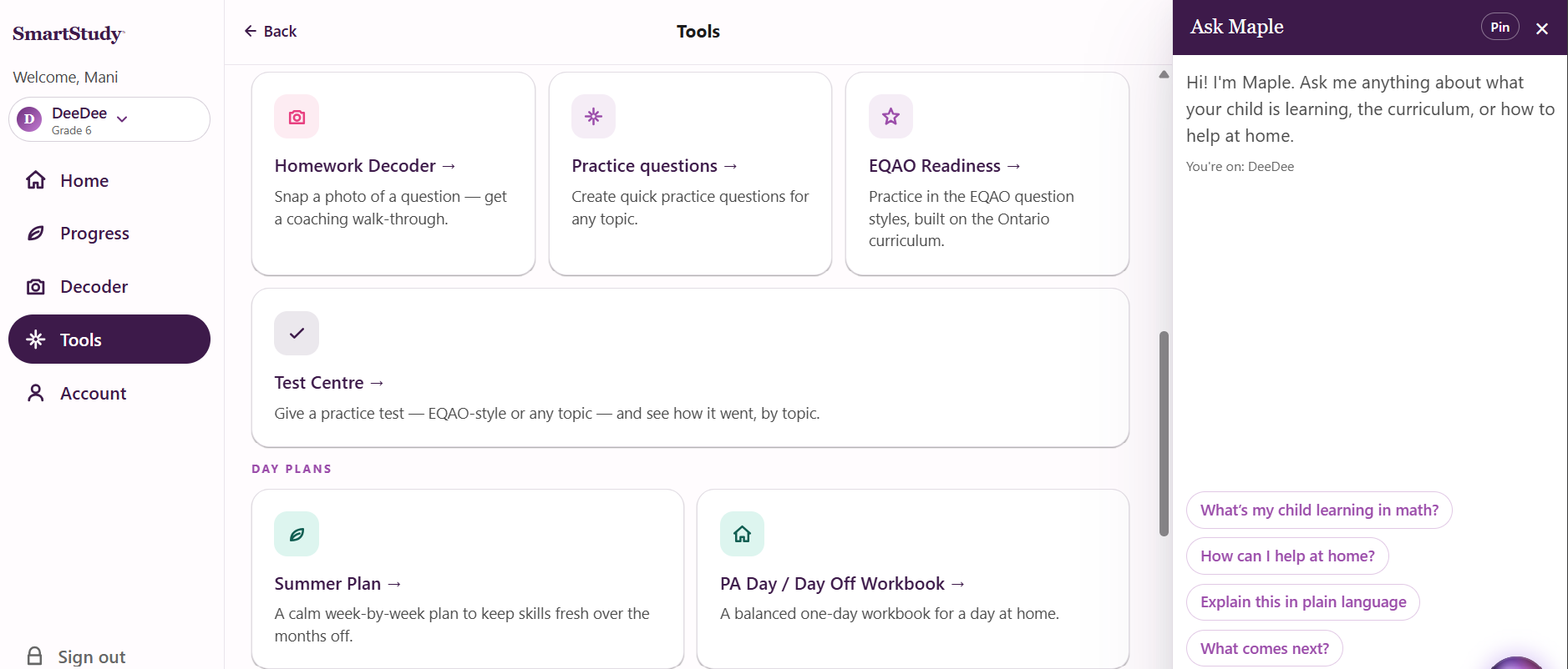 The SmartStudy app Tools screen, showing Homework Decoder, Practice questions, EQAO Readiness, Test Centre, and Day Plans together in one place.